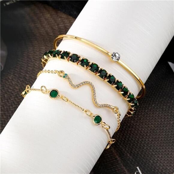 4 Piece Gold Bracelets Set Dainty for Women 14K Plated Link Cubic Zirconia - Picture 3 of 7